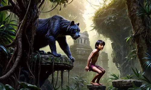 mowgli,tarzan,king of the jungle,forest animals,bonobo,jungle,monkey island,wild animals,fantasy picture,the law of the jungle,animals hunting,boy and dog,sumatran,she feeds the lion,cub,forest animal