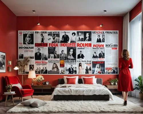 The interior design of the bedroom, which also includes a sofa and a bookcase, is made in a modern style with some vintage elements. A woman in a red dress walks through the room with a bag on her sho