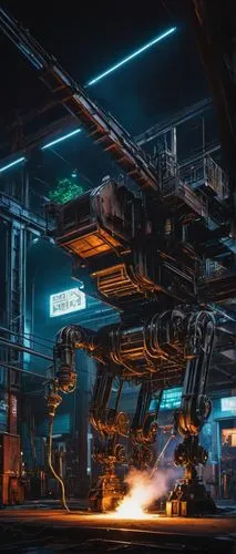 industrial, futuristic, sleek design, metallic structure, steel beams, welding sparks, mechanical arms, robotic limbs, intricate details, rusty texture, urban cityscape, nighttime, neon lights reflect