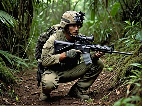 stealthy soldier, camouflaged outfit, tactical gear, night vision goggles, crouching posture, hidden, dense jungle, Bolivia, secret weapons, advanced rifle, suppressor, laser sight, drone overhead, co