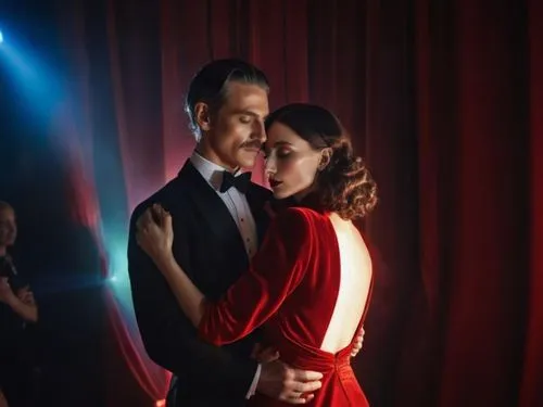 a man in a tuxedo hugging a woman in a red dress,  editorial model, lensflares, 2019,roaring twenties couple,argentinian tango,ballroom,waltzing,henstridge,ballroom dance silhouette,vettriano,milonga,