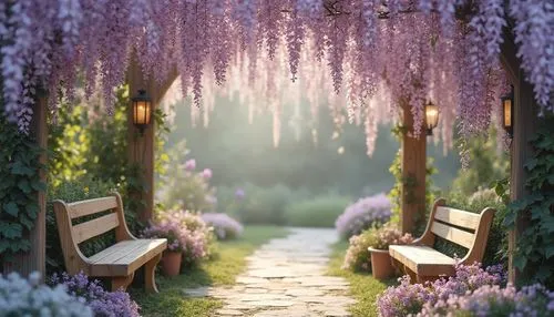 wisteria,garden bench,purple landscape,fairytale forest,fairy forest,wisteria shelf,fantasy picture,lilac tree,splendor of flowers,garden swing,lavender fields,lavender flowers,lavender field,sea of flowers,japan garden,lilac arbor,nature wallpaper,lilac flowers,enchanted forest,lavender,Photography,General,Realistic