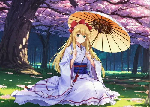 Anime 2994x1647 anime girls Touhou blonde long hair Japanese clothes Yakumo Yukari books trees parasol,japanese sakura background,sakura background,anime japanese clothing,spring background,sakura blo