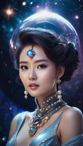 Glamour woman portrait, sophisticated styling, pearl jewelry, elegant pose, luxurious setting, portrait photography,a woman in a gown and necklace, with a space background,delenn,inanna,qixi,arundhati