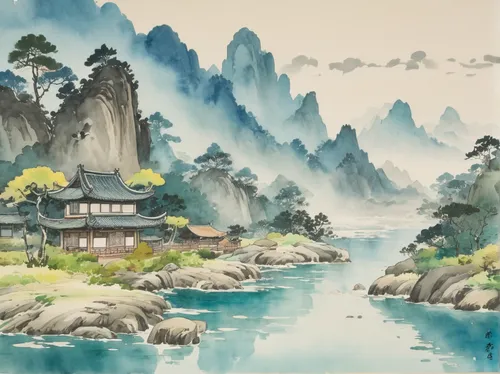 chinese art,oriental painting,huashan,huangshan maofeng,japan landscape,luo han guo,japanese art,river landscape,wuyi,yunnan,watercolor tea shop,mountain scene,junshan yinzhen,tong sui,mountainous landscape,landscape background,mountain landscape,chinese architecture,rou jia mo,guilin,Illustration,Japanese style,Japanese Style 14