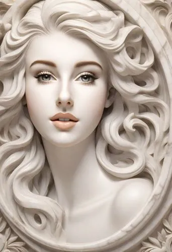 Art Nouveau style marble relief sculpture of a beautiful blonde lady with a polished white marble face and eyes, in a museum, 3D render,white lady,sculpt,art deco woman,porcelain rose,decorative figur