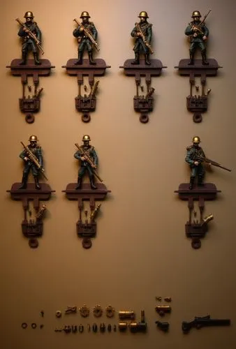 Miniature of steampunk soldier,a group of toy soldiers with guns on some shelves,bronze wall,armoury,shield infantry,skaven,maces,skylander giants,skylanders,bollandists,polearms,display case,corsairs