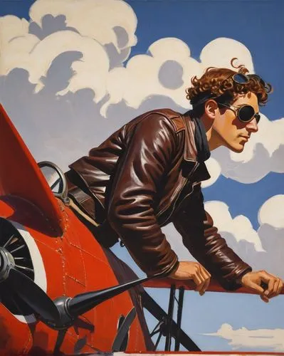 El Porco Rosso, vintage airplane, 1930s, red paint, rusty metal, worn leather pilot seat, old-fashioned cockpit, goggles, leather jacket, white scarf, curly brown hair, strong facial features, muscula