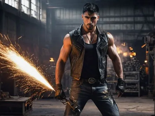 man holding gun and light,steelworker,gunsmith,mechanic,male character,renegade,deacon,croft,warehouseman,blacksmith,welder,jackal,daemon,auto mechanic,bodie,action hero,car mechanic,industrial smoke,visual effect lighting,digital compositing,Conceptual Art,Daily,Daily 05