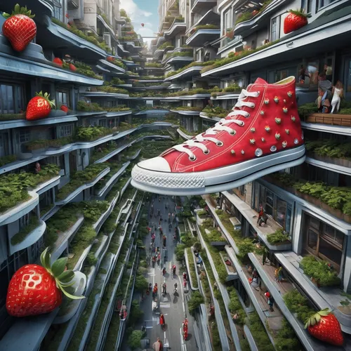 shoefiti,walking shoe,urban design,ecological footprint,garden shoe,climbing shoe,macroperspective,red shoes,consumerism,smart city,3d fantasy,outdoor shoe,photo manipulation,environmental art,surrealism,urbanization,bicycle shoe,photomanipulation,world digital painting,strawberry tree,Photography,Documentary Photography,Documentary Photography 10