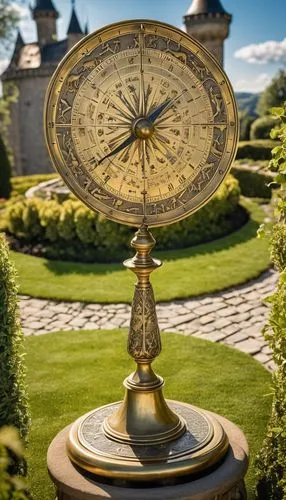 A meticulously detailed brass sundial, adorned with miniature sculptures of animals representing the zodiac signs, stands proudly in a castle herb garden. The flickering sunlight highlights their intr