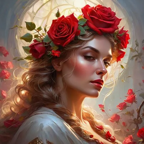 persephone,fantasy portrait,romantic portrait,margairaz,rose wreath,rose flower illustration,Conceptual Art,Oil color,Oil Color 22