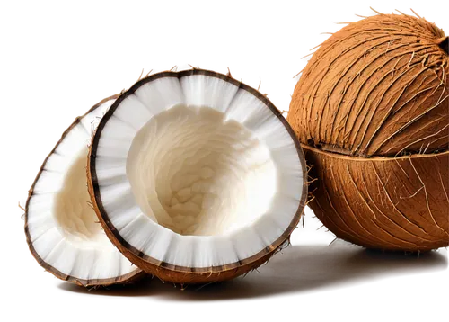 Brown coconut, half-cut, white coconut meat, tropical fruit, solo, ornate shell, smooth surface, detailed texture, soft lighting, 3/4 composition, shallow depth of field, warm color tone.,organic coco