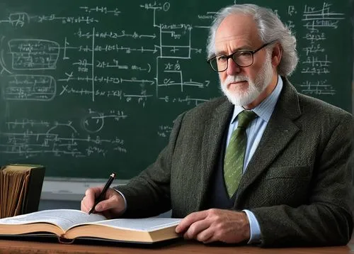 Computer Organisation and Architecture, William Stallings, mature professor, glasses, grey hair, beard, formal attire, tweed jacket, white shirt, dark tie, holding a book, lecturing, university settin