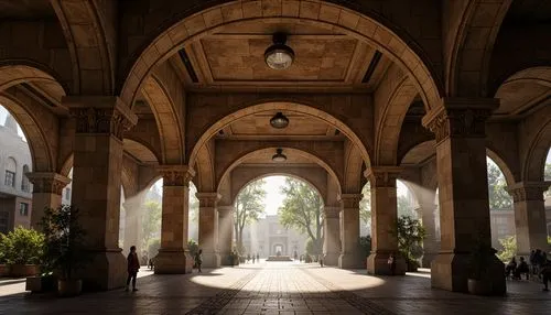 Rustic metro station, grand arches, sturdy columns, ornate capitals, rough-hewn stone walls, earthy tones, warm lighting, atmospheric fog effects, detailed stonework, intricate carvings, Gothic-inspir