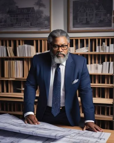 Middle-aged man, mature, beard, glasses, formal wear, tie, white shirt, dark blue suit, holding a blueprint, standing in front of a large wooden desk, surrounded by construction documents, architectur