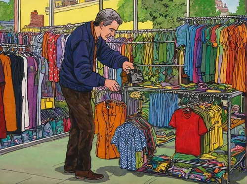 A man shops for new second hand threads.,tailor,shopkeeper,the consignment,men clothes,peddler,laundry shop,woman shopping,jumble sale,shopping venture,vendors,dry cleaning,clothes,paris shops,seller,