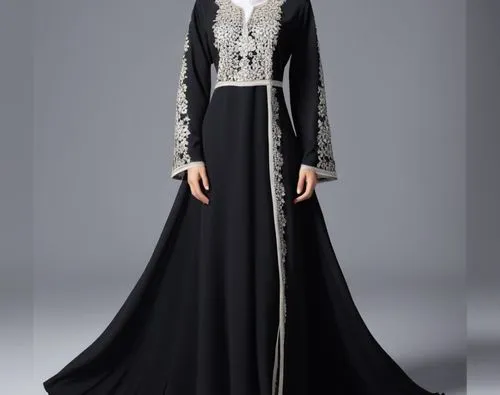 Drawing of  3d for Muslim hejab with sequin with beads black abaya with embroidery loose abaya with white lace with with lace layer ,a woman in a long dress with ons on the side,tahiliani,abaya,abayas