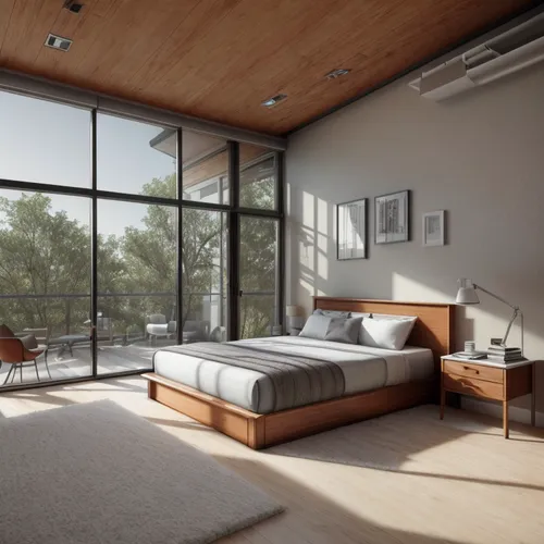 modern room,bedroom,sleeping room,loft,3d rendering,bedroom window,daylighting,interior modern design,modern decor,great room,wooden windows,sky apartment,guest room,modern living room,contemporary decor,canopy bed,home interior,render,livingroom,interior design