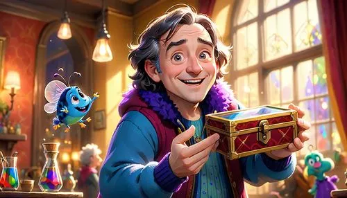 Um homem de meia-idade com expressão amigável, vestindo roupas coloridas e descontraídas, segurando uma pequena caixa de vidro com pulgas amestradas realizando truques; estilo Disney Pixar, com um fun