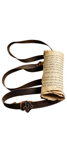 Yellowed parchment, old worn-out texture, crumpled surface, ancient scrolls, mysterious symbols, faded ink, torn edges, golden thread binding, leather straps, ornate metal clasps, warm soft lighting, 