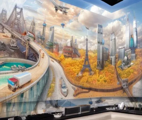 futuristic landscape,playmat,futuristic art museum,3d fantasy,virtual landscape,concept art,fantasy landscape,the disneyland resort,shanghai disney,sky train,mural,fantasy city,panoramical,stage curta