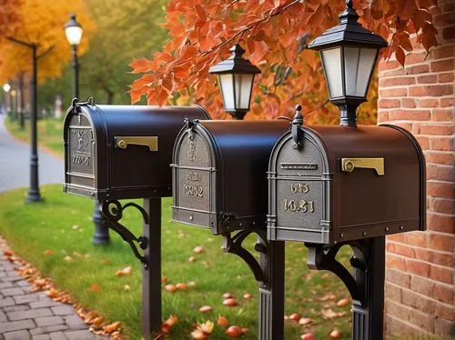 Rustic wooden mailboxes, antique metal mailboxes, ornate Victorian-era mailboxes, modern sleek mailboxes, suburban residential area, rural countryside, urban city street, lamp post, stone wall, brick 