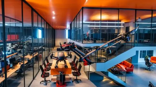 oficina de alta tecnologia,an office space with tables, chairs and some laptops,modern office,melkweg,loft,akademie,ideacentre,mezzanine,Photography,General,Realistic