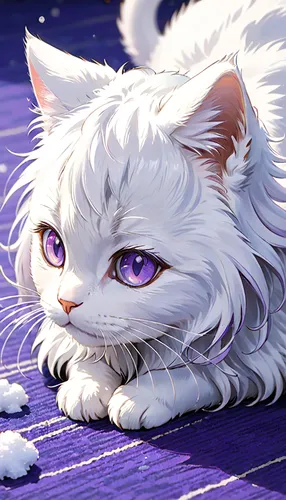 white cat,violet eyes,cheshire,purple-white,american curl,white purple,white with purple,turkish angora,snowball,precious lilac,whitey,white lion,lilac,amethyst,violet,the purple-and-white,siberian cat,blue eyes cat,cat with blue eyes,ragdoll,Anime,Anime,Realistic