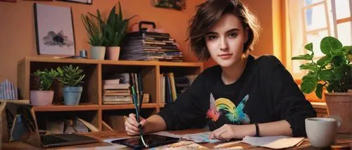 birce akalay,girl studying,kosmea,illustrator,world digital painting,photo painting,girl at the computer,beyaz peynir,computer graphics,table artist,writing-book,blur office background,author,painting technique,artist portrait,atatürk,animator,computer art,photoshop creativity,girl in t-shirt,Illustration,Abstract Fantasy,Abstract Fantasy 16