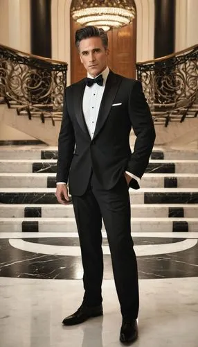 Male actor, middle-aged, formal wear, black tuxedo, white shirt, black bow tie, elegant hairstyle, confident facial expression, standing, critiquing, hands behind back, luxurious interior, modern arch