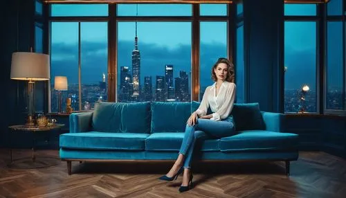 blue room,woodsen,woman sitting,chairwoman,penthouses,delvaux,elliman,photoshop manipulation,city ​​portrait,businesswoman,blue hour,cityscapes,manhattan,photo manipulation,cityscape,business woman,girl in a long,art deco background,night scene,luddington,Photography,Artistic Photography,Artistic Photography 05