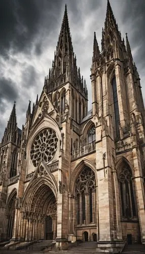 Modern 1300s Gothic architecture, grand cathedral, intricate stone carvings, stained glass windows, pointed arches, ribbed vaults, flying buttresses, ornate sculptures, rose window, south transept, na