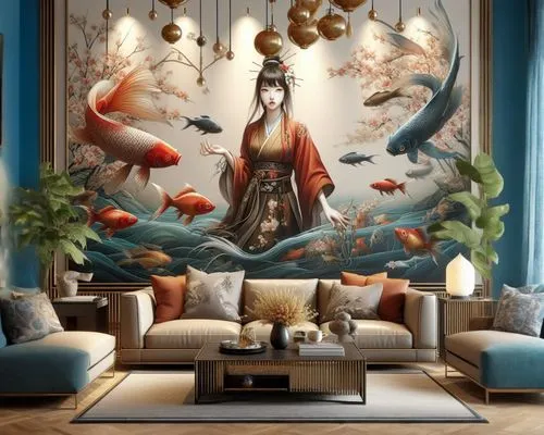 aquarium decor,feng shui,amano,koi pond,interior decor,chinese art,japanese-style room,living room,japanese art,modern decor,livingroom,aquarium,koi,chinese screen,oriental painting,sitting room,inter