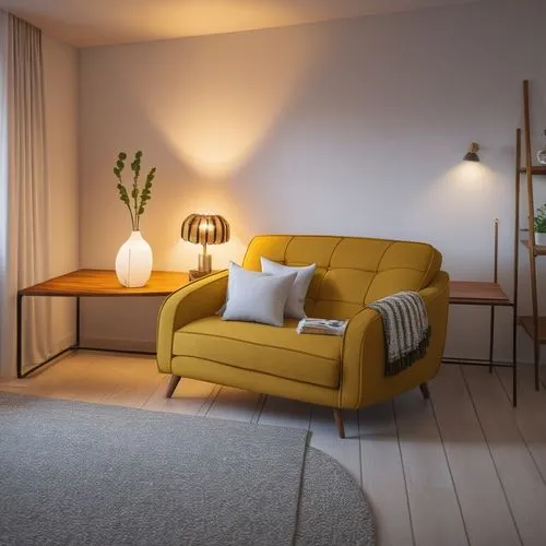 living room area with a yellow sofa and chair,danish furniture,scandinavian style,vitra,modern room,modern minimalist lounge,floor lamp,Photography,General,Realistic