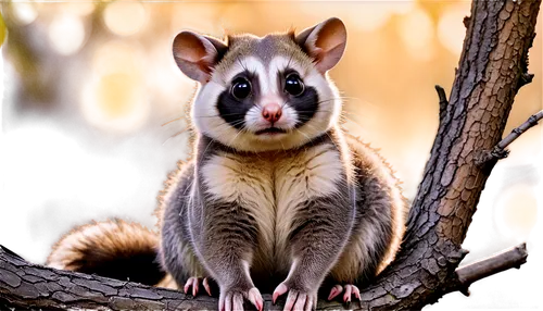 Possum, cute face, fluffy fur, round ears, big eyes, white patches on forehead, brown and grey fur, climbing pose, curled up tail, sitting on branch, morning sunlight, warm color tone, soft focus, sha