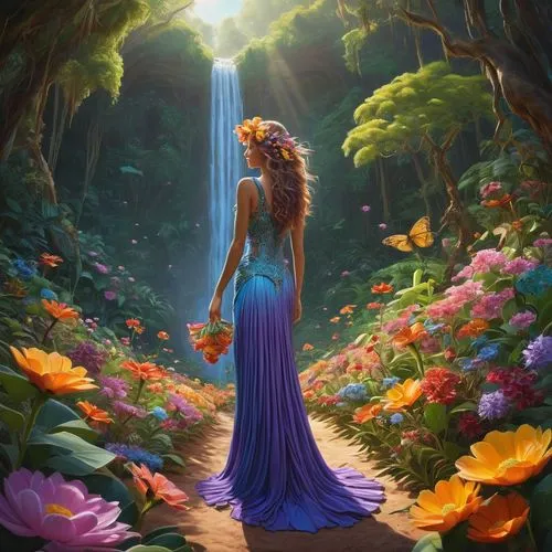 fantasy picture,faerie,girl in flowers,rapunzel,fantasy art,faery,fairy forest,fairy peacock,splendor of flowers,fae,fantasia,fairie,beltane,persephone,fairy world,forest of dreams,garden of eden,galadriel,flora,way of the roses,Illustration,Realistic Fantasy,Realistic Fantasy 18