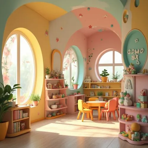 Vibrant kindergarten, fusion architecture style, colorful walls, curved lines, playful decorations, whimsical roof, irregular shape, bright windows, flower-patterned curtains, soft natural light, toy-