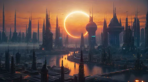 futuristic landscape,alien world,alien planet,ancient city,fantasy city,metropolis,cityscape,fantasy landscape,exoplanet,world digital painting,fantasy world,dark world,city skyline,sci fiction illustration,sci-fi,sci - fi,fantasy picture,space art,city cities,stargate