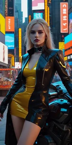 ((cyberpunk style)), Hi-Tech city, mechanical enhancement, (high-tech fantasy), robotics, blade runner 2049, prompts: a young blonde, captivating blue eyes, long honey-colored hair down to her waist, 