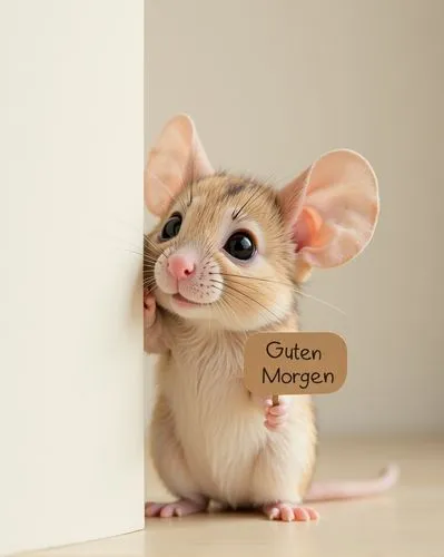 photograph of a cute [mouse] peeking from behind a wall, against a white background, speech bubble with the sign " Guten Morgen " high-definition studio shot, soft lighting, low contrast, clean color 