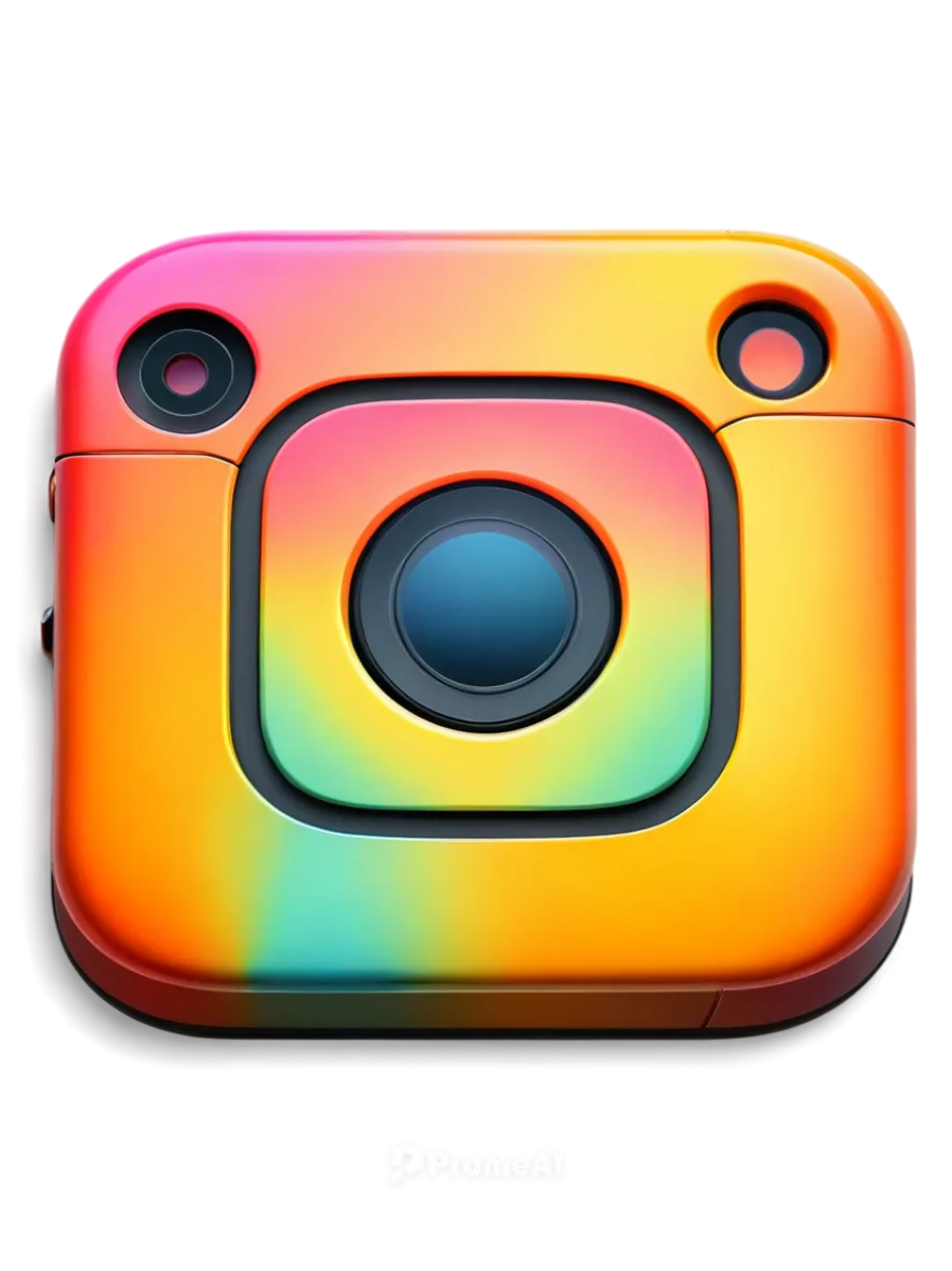 Instagram logo, white background, camera icon, colorful gradient, rounded corners, 3D effect, glossy finish, metallic texture, subtle shadow, centered composition, close-up shot, soft focus, warm colo