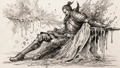 warrior and orc,yi sun sin,the fallen,heroic fantasy,woodsman,dark elf,samurai,thorin,game drawing,hunter's stand,hanged man,lone warrior,bronze horseman,the wanderer,game illustration,knight,dane axe,ink painting,hag,wood elf,Illustration,Black and White,Black and White 34