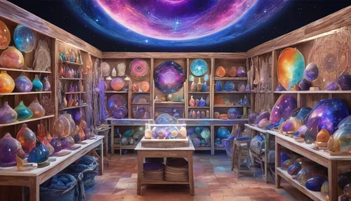 ball fortune tellers,apothecary,watercolor shops,soap shop,fairy galaxy,alchemy,astral traveler,hall of the fallen,potions,crystal therapy,the little girl's room,inner space,fantasy art,ufo interior,study room,cabinets,gemstones,shelves,divination,scene cosmic,Illustration,Realistic Fantasy,Realistic Fantasy 20