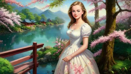 Romantic masterpiece oil painting, cute girl portrait, nostalgic 1950's style kitsch, beautiful exotic rural vast Japanese landscape, cherry blossom scenery, Shinto Japanese sakura, flower petals, by 