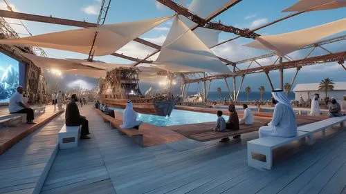 roof terrace,snohetta,sky space concept,renderings,skyloft,roof garden,3d rendering,roof top pool,roof landscape,skybar,boatyard,penthouses,futuristic art museum,sundeck,roof domes,mipim,yacht exterior,on a yacht,loft,fincantieri,Photography,General,Realistic