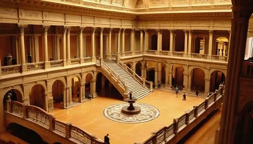 Grand interior hall, high ceiling, intricate details, ornate columns, grand staircase, marble floors, large windows, natural light pouring in, Carnegie Museum, Pittsburgh, Pennsylvania, USA, morning l