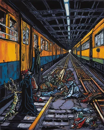 train crash,south korea subway,last train,yellow machinery,yellow line,post-apocalypse,david bates,korea subway,cd cover,train shocks,post apocalyptic,disused trains,the train,subway system,railroad,train cemetery,streetcar,train route,wreckage,train,Illustration,Realistic Fantasy,Realistic Fantasy 33