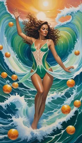 a painting of a girl floating above the ocean,hula,oshun,amphitrite,oranges,the sea maid,sirene