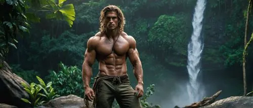 Muscular man, Tarzan-like, jungle, tropical, bare chest, ripped abs, messy hair, intense gaze, ripped pants, vines wrapped around arms, standing on a rock, waterfall background, lush greenery, misty a